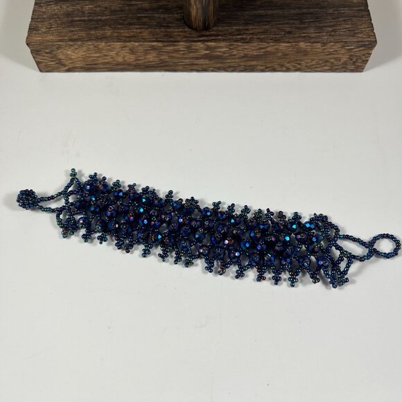 Handmade Beaded Cuff Bracelet With Iridescent Blue Glass Beads & Intricate Desig - Picture 3 of 3
